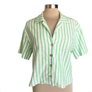 Cotton On BODY Green & White Stripe Button Down Shirt Cropped XS Coastal Summer